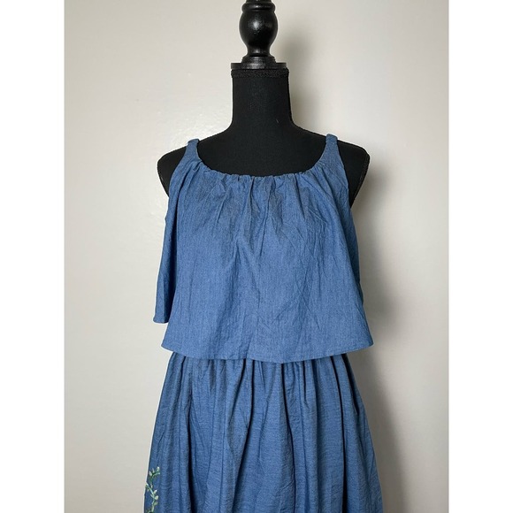 Demin Embroidered Elastic Waist and Straps Floral Indie Boho Dress Women's M/L - Picture 4 of 12